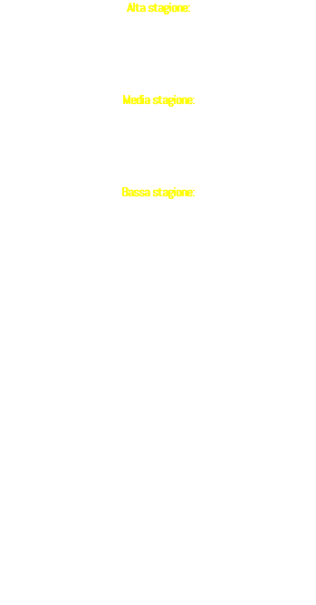 Alta stagione: € 120 al giorno per appartamento per max 4 persone ad appartamento (aggiunta di ogni letto singolo € 10 al giorno) Media stagione: € 100 al giorno per appartamento per max 4 persone ad appartamento (aggiunta di ogni letto singolo € 10 al giorno) Bassa stagione: € 80 al giorno per appartamento per max 4 persone ad appartamento (aggiunta di ogni letto singolo € 10 al giorno) Per lunghi periodi o altre soluzioni di soggiorno non indicate sopra contattare il numero 338 3447299 Alta stagione: 15 giugno-15 settembre, 7 dicembre-6 gennaio, settimana di Pasqua, 25 aprile, 1° maggio, 2 giugno, 1-2 novembre. Media stagione: 16 settembre-31 ottobre, 1° aprile-14giugno. Bassa stagione: 7 gennaio-31 marzo, 3 novembre-6 dicembre. Tassa di soggiorno: € 1,50 a persona al giorno, dal 1° giugno al 30 settembre. Sono esentati i ragazzi di età inferiore ai 14 anni, i residenti nel Comune di Maiori, i disabili e i loro diretti accompagnatori a condizione che alloggino nella stessa stanza, gli autisti o le guide munite di patentino durante lo svolgimento dell' attività di accompagnamento a gruppi.